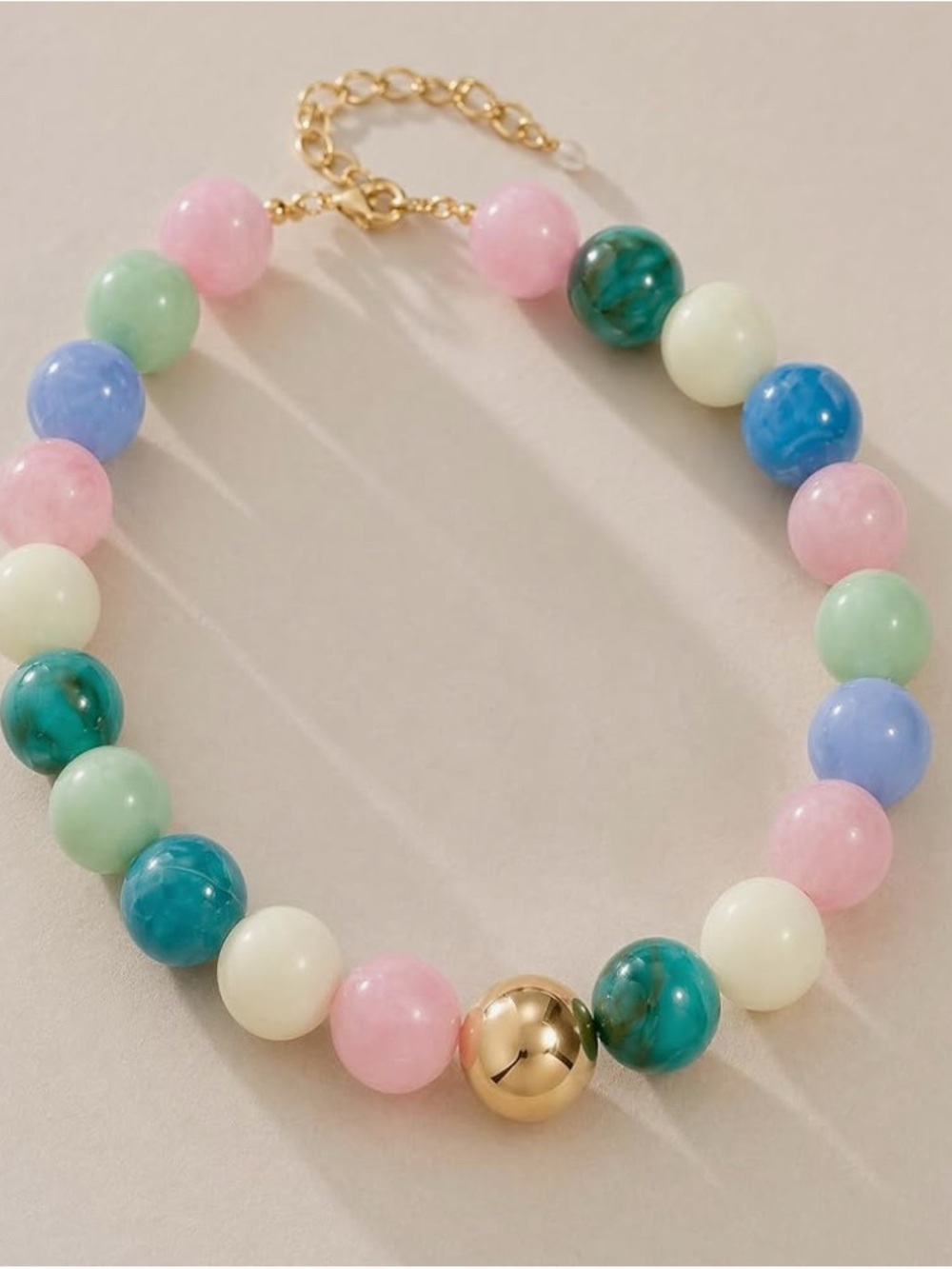 New! Multicolor Pastel Bead Necklace with Gold Accent
